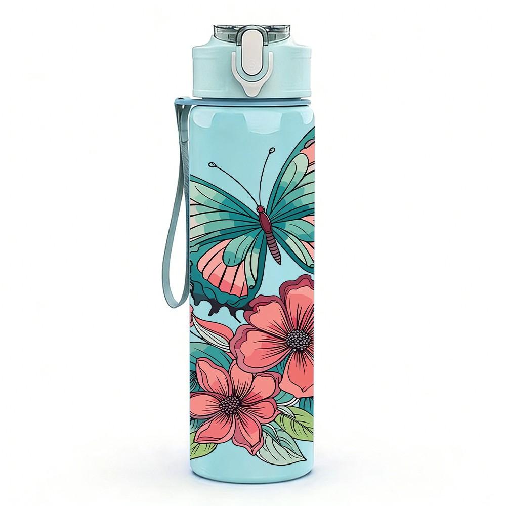 1PC Colorful Butterfly Pink Wildflower Floral Art 750ml Color Plastic Sports Water Bottle Leakproof Flip Straw Lid Suitable for Sports Office Home Use