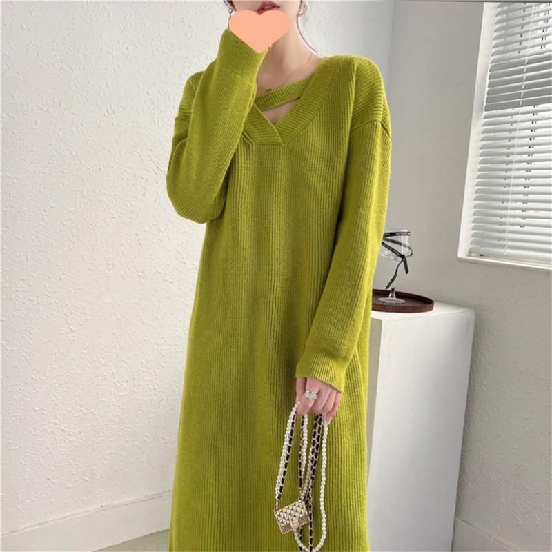 Oversized Knit Midi Dress Women Fall Winter Loose V-Neck Long Sleeve A-Line Sweater Solid Color
