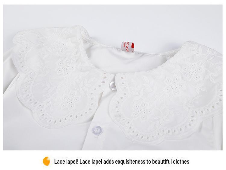 Spring/Summer 2025 College Style Long-Sleeve White Doll Collar Shirt for Girls