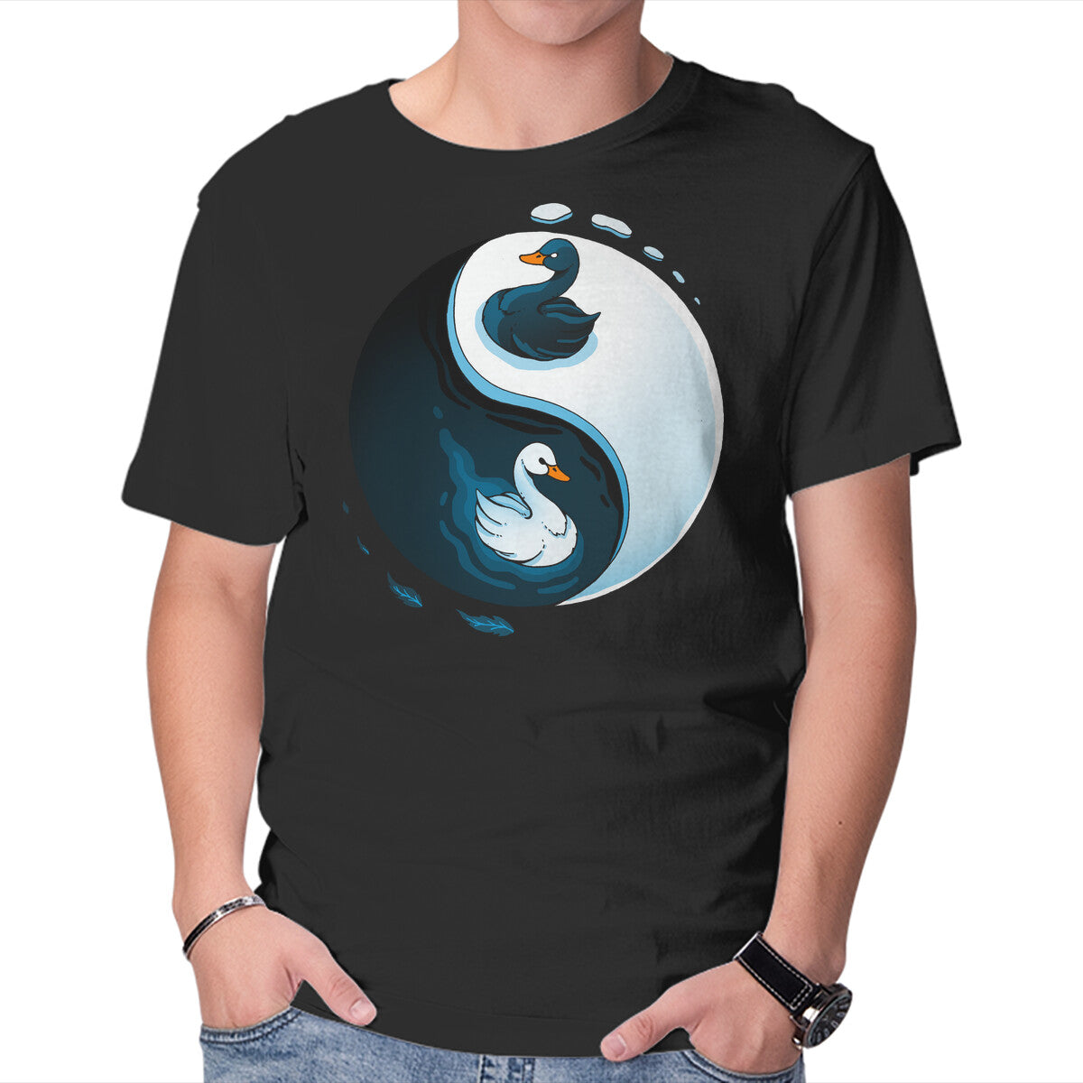 Unisex Crew Neck T-Shirt Swan White And Black Graphic Short Sleeve Casual Tee XS
