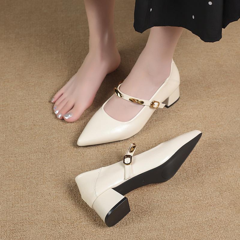 Korean Version of Thick Heel Mary Jane Retro Small Leather Shoes Women's 2025 New Autumn Pointed Head Shallow Mouth Retro Word with Single Shoes