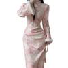 Elegant Velvet Cheongsam-Style Winter Dress for Women - Waist-Cinched, Printed, Hollow, Long Sleeve Slim Fit