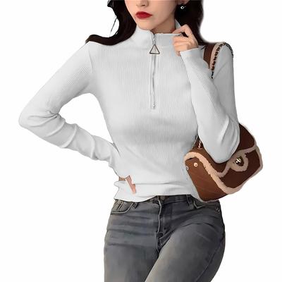 Camisola Básica Branca Feminina Dentro Nova Queda Gola Meia-alta Slim Manga Comprida T-shirt com Zíper