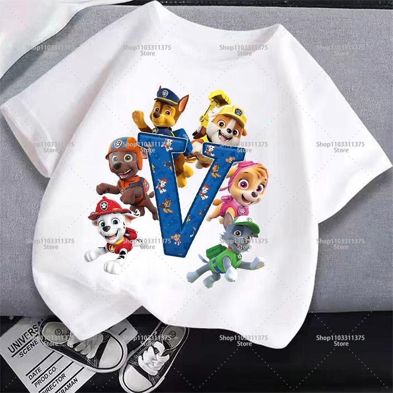 Cute PAW Patrol T-shirt Letter A-Z Boys Girls Clothes Short Sleeve Summer Cartoon Kids Birthday Toddler Cotton Outdoor Wear Gift