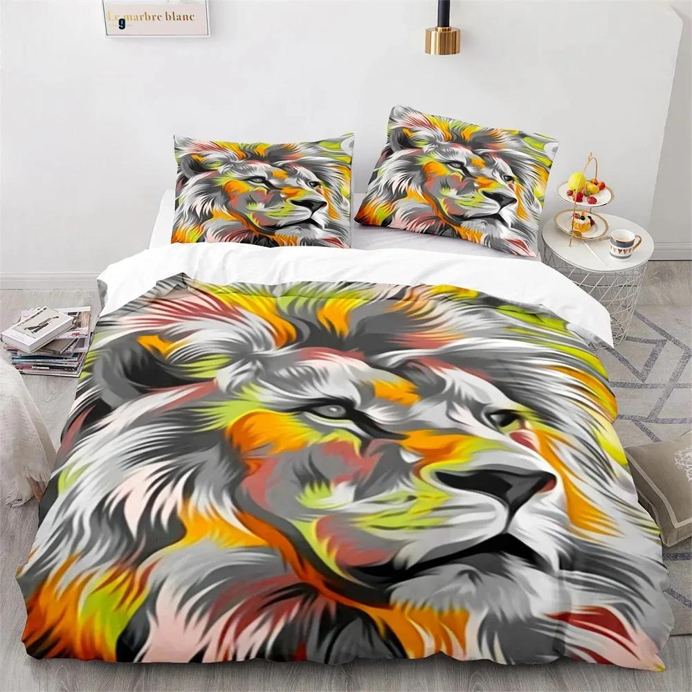 Lion Duvet Cover Set 3D Print Wild Animals Colourful King Queen Size for Kids Teens Adults Bedding Set Polyester Comforter Cover