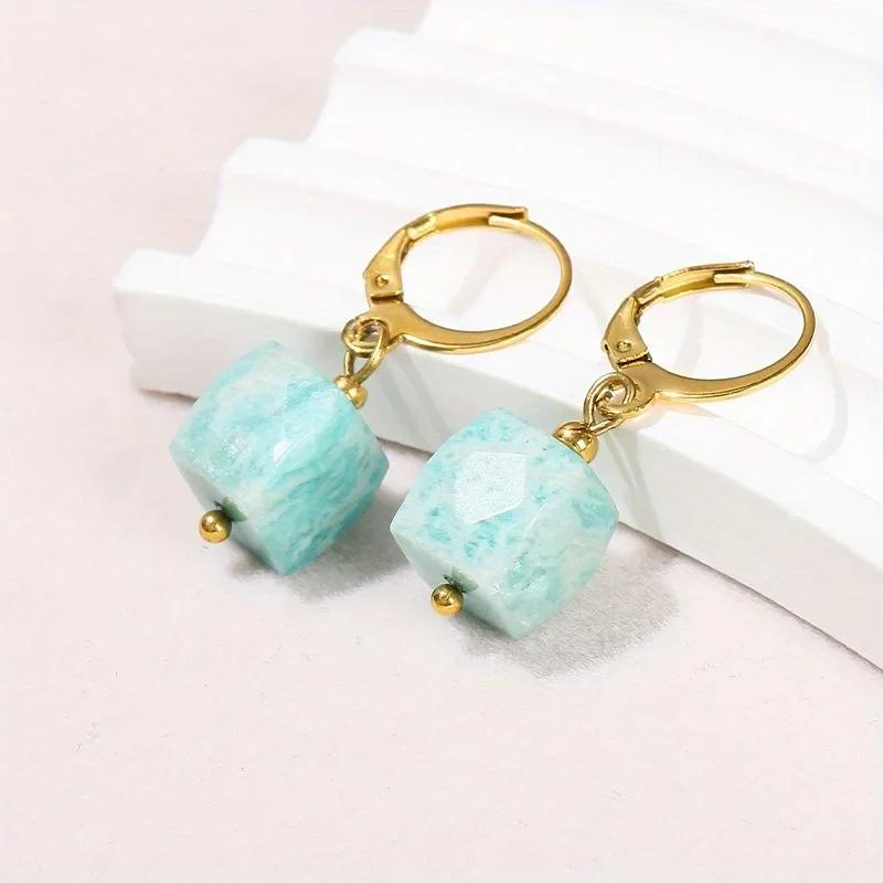 

Square Cube Block Stone Earring Natural Aquamarines Quartzs GemRaw Stone Drop Dangle Earring Jewelry Gift For Women Drop Earring аквамарин
