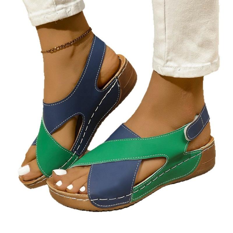 Spring and summer new flat-bottomed wedge heel fish mouth sandals women's color matching large-size muffin thick-soled hollow beach sandals