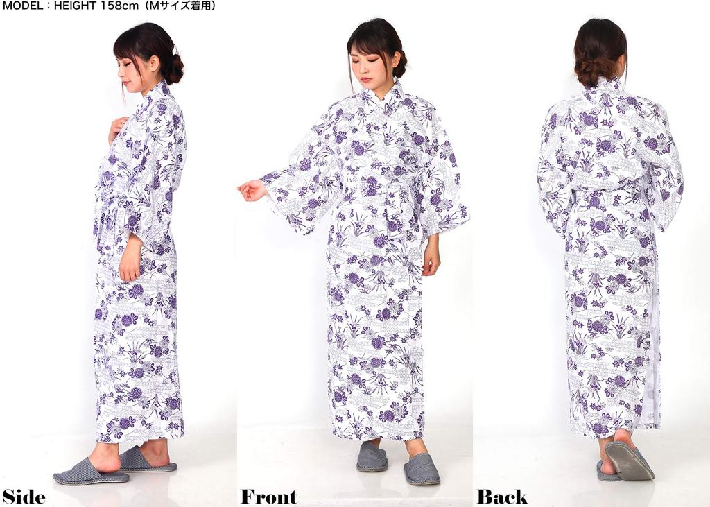 gauze white with purple size suitable for for use in nursing [Yoneshichi] Japanese-style nightwear, accents, L, 100% cotton, double-layered, women,