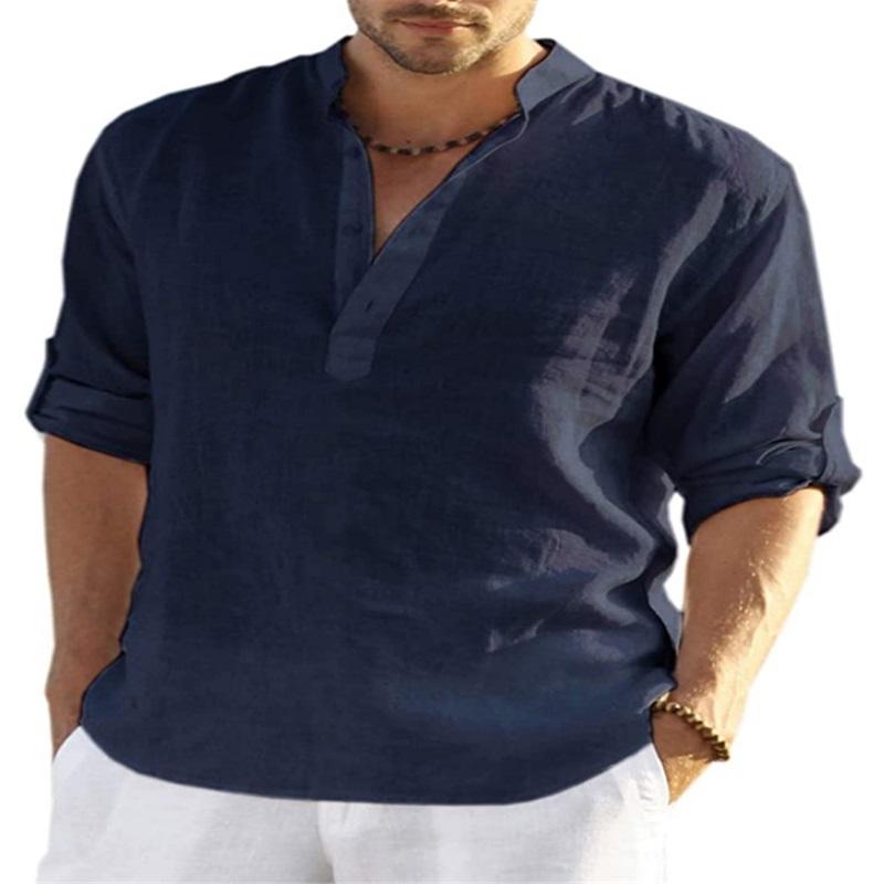 Men's Linen Long Sleeved T Shirt Loose Undershirt Solid Color Long Sleeved Cotton And Linen Shirt Men's Plus Size