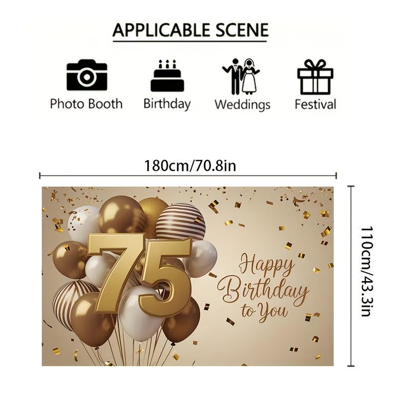 1 Goldener Ballon 75. Geburtstag Party Hintergrund - Polyester Material mit goldenem Konfetti und "Happy Birthday"