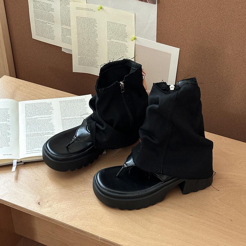 

лето 2025 новый темный милый крутой носок маффин толстая подошва джинсовые сандалии-трубы с открытым носком модные ботильоны для уборки 35