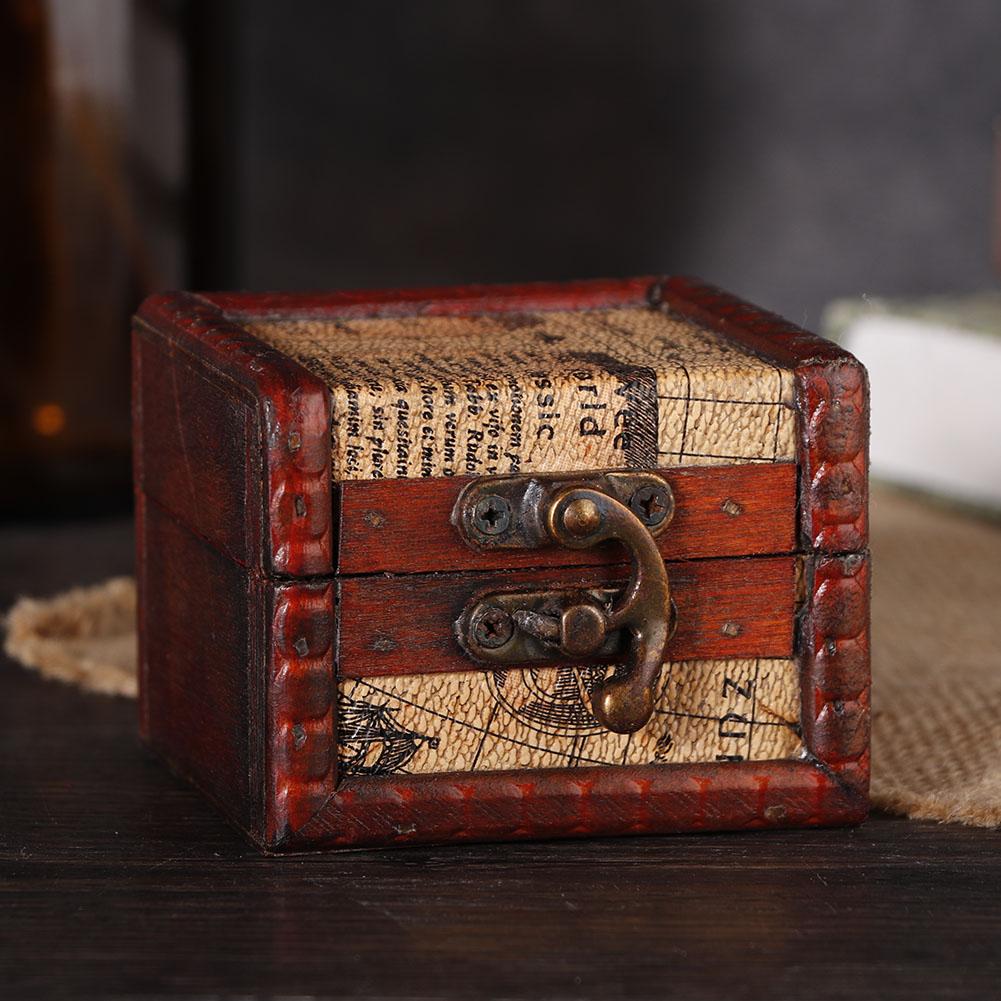 Mini Cutie de Bijuterii din Lemn Artizanală Vintage, Container, Suport pentru Depozitare Inele, Cercei (Hartă)