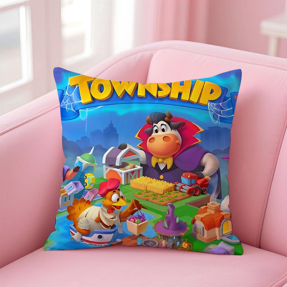 Kwaii Game Anime T-Township Cushion Cover Pillowcase Short Plush Invisible Zipper Room Sofa Cushion Cover