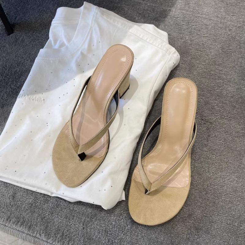 

Flip-flops women s 2025 summer new French retro versatile high-heeled thick heel outer wear toe sandals 42 абрикосовый