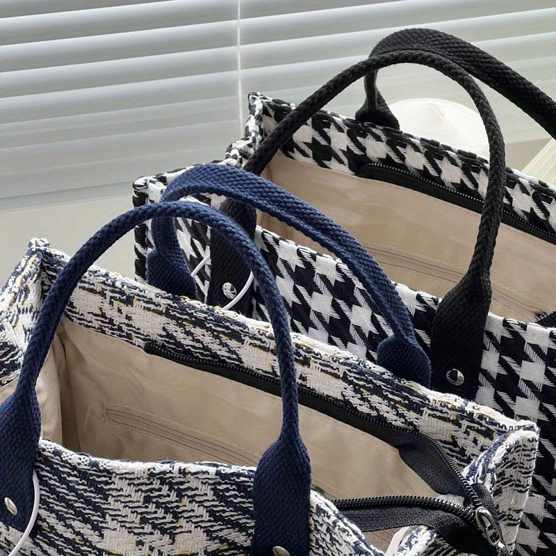 Thick Polyester Tote Bag Large Capacity Minimalist Plaid Pattern with Zipper Closure, Reinforced Handles for Work, Shopping & Daily Essentials