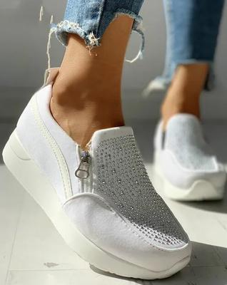 Mode Femmes Baskets Cristal Printemps Automne Décontracté Fermeture Éclair Chaussures Plates Femmes Antidérapantes Respirantes Extérieur Chaussures Vulcanisées Femme dfg45