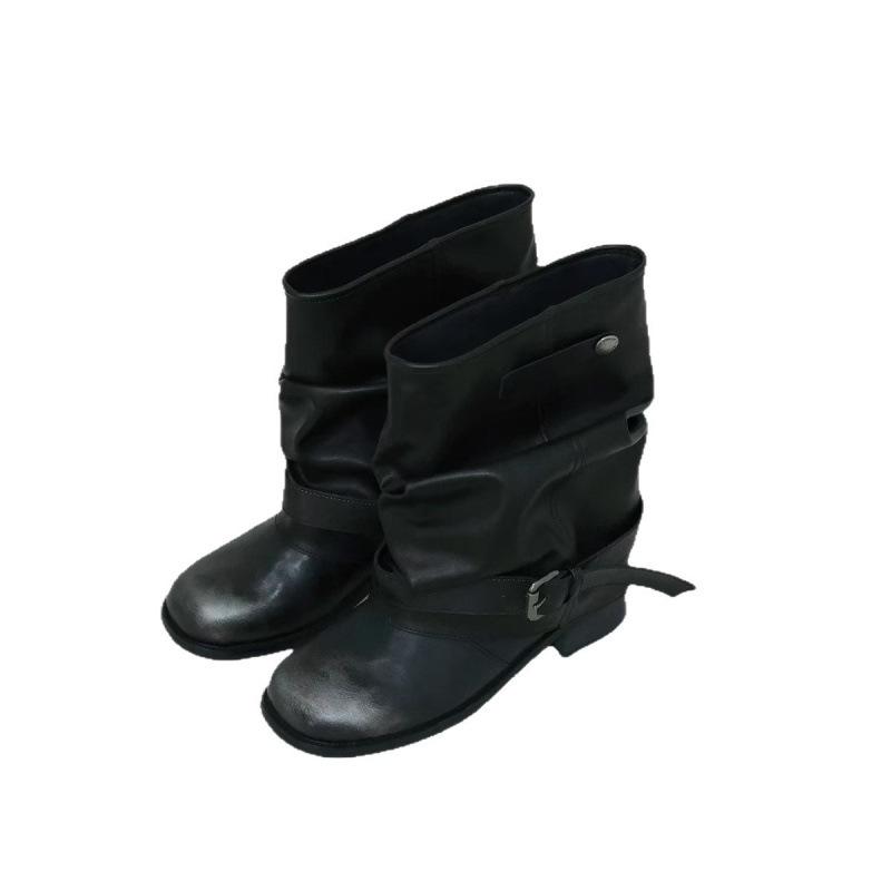 Western Cowboy Boots Women's Pleated Pile Boots Black Round Head Vintage Leather Boots Thick Heel Knight Boots