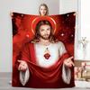 Sacred Jesus Sacred Heart Flannel Blanket, Warm and Comfortable Religious Theme Blanket for Home Decor with Elegant Red