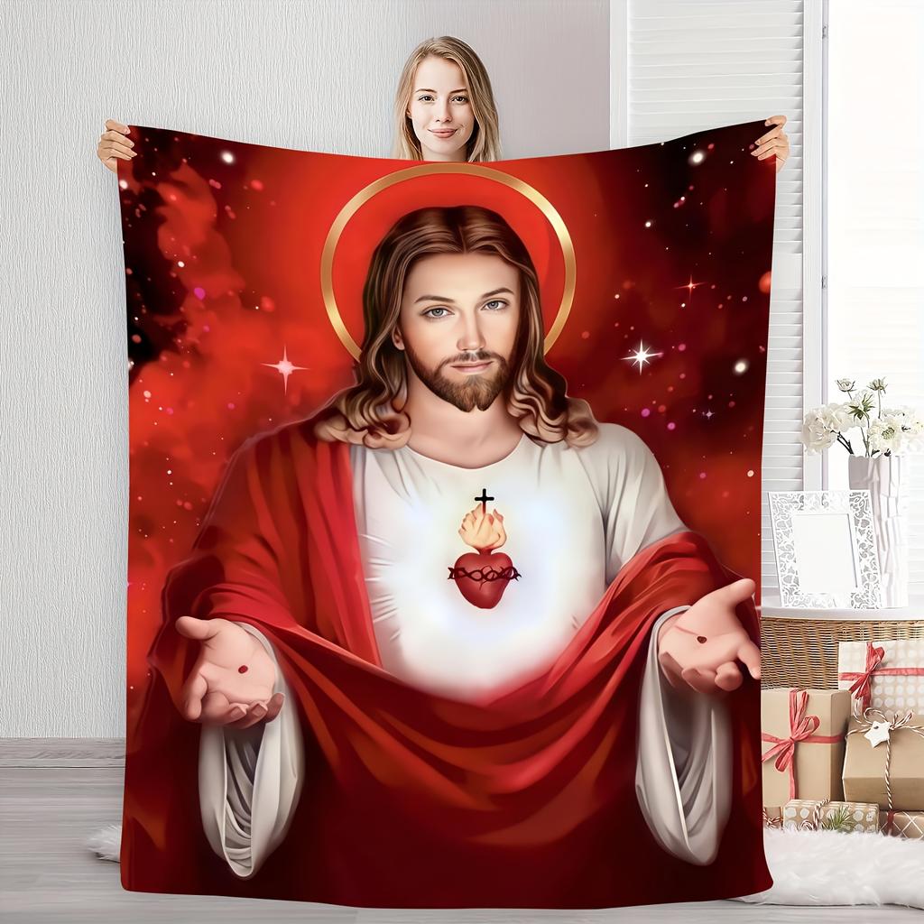 Sacred Jesus Sacred Heart Flannel Blanket, Warm and Comfortable Religious Theme Blanket for Home Decor with Elegant Red