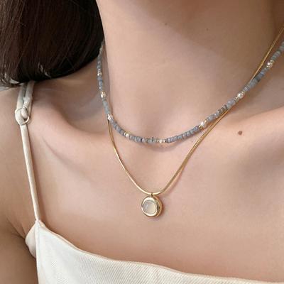 Collar apilado de cuentas de piedra natural azul fresca para mujer, estilo nicho de alta gama, ligero, lujoso, elegante y versátil, cadena para el cuello.