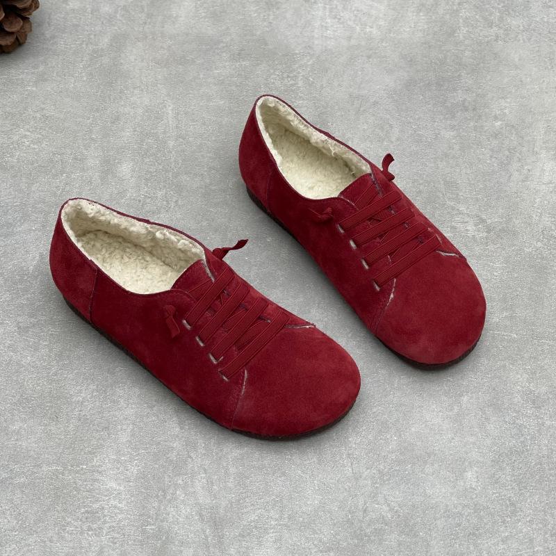 Johnature Retro Plüsch Damenschuhe Rinds Wildleder Flachboden Wildleder Lässig Elastisches Band Warme Baumwollschuhe