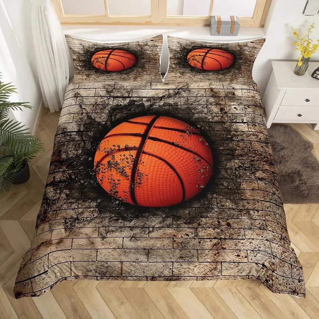 Boys Basketball Duvet Cover Set Black 3D Ball Sports Bedding Set For Boys Men Basketball Court Competitive Games Comforter Cover