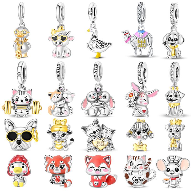 New 925 Silver Lucky Zoo Cat Dog Rabbit Fox Charms Bead For Women Fit Bracelet DIY Birthday Party Jewelry Gift