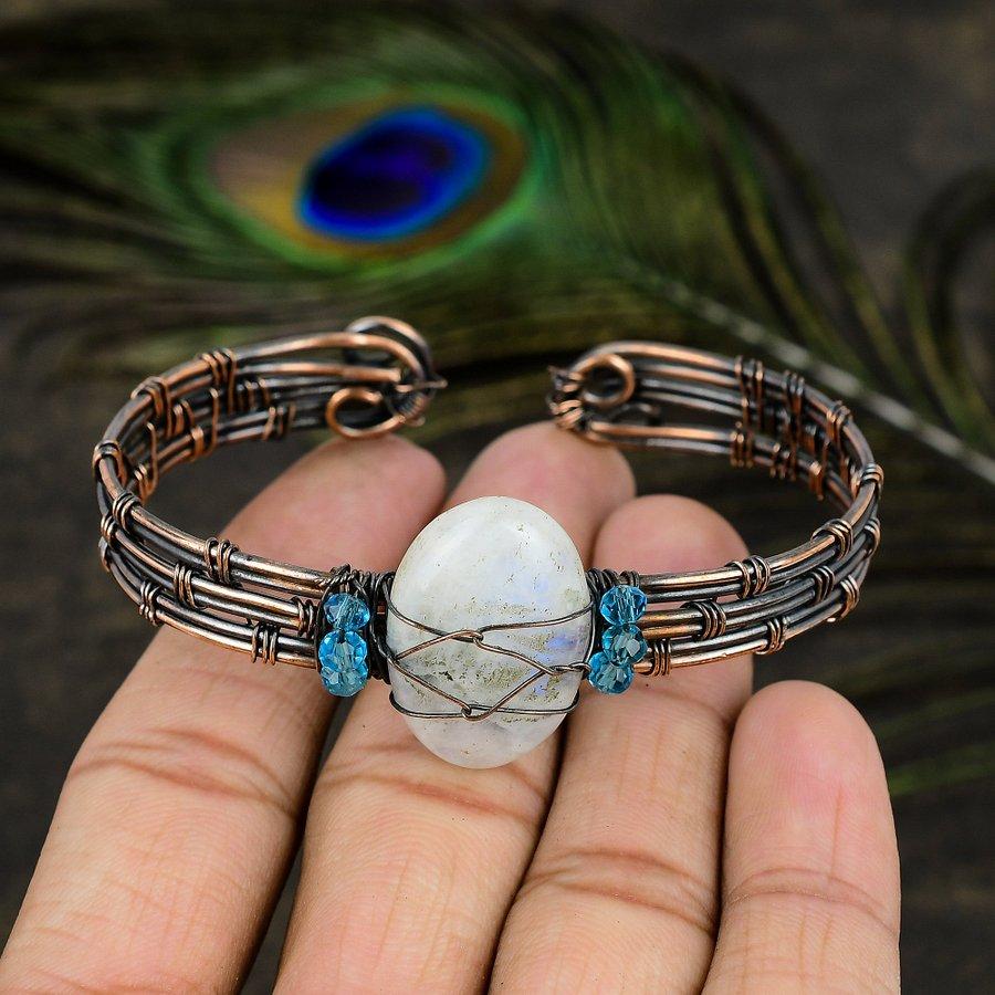 Brățară reglabilă din sârmă de cupru cu piatră prețioasă naturală curcubeu G1y79