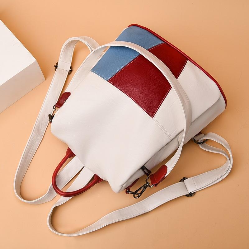 Women's Backpack Ladies Soft Leather Waterproof Multi-purpose Travel Bag Stitching Contrast Color Bags