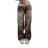 Street style women's clothing, irregular print loose long pants, low-waist pleated washed distressed multi-color jeans