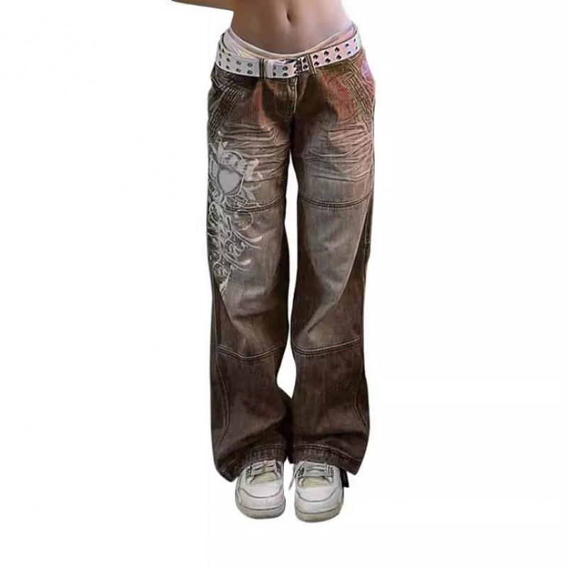 Street style women's clothing, irregular print loose long pants, low-waist pleated washed distressed multi-color jeans