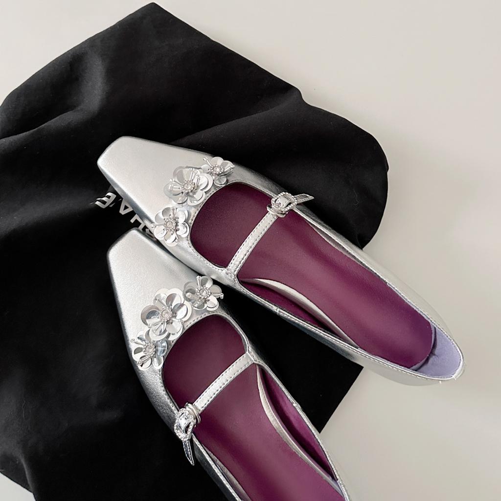 Sheepskin~ French flower silver Mary Jane shoes femininity square head light mouth with skirt inner height-increasing commuting shoes