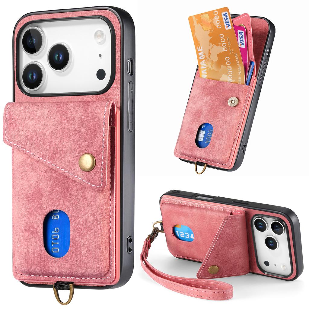 For iPhone 17 Pro Case with Card Holder Kickstand Leather Phone Back Cover