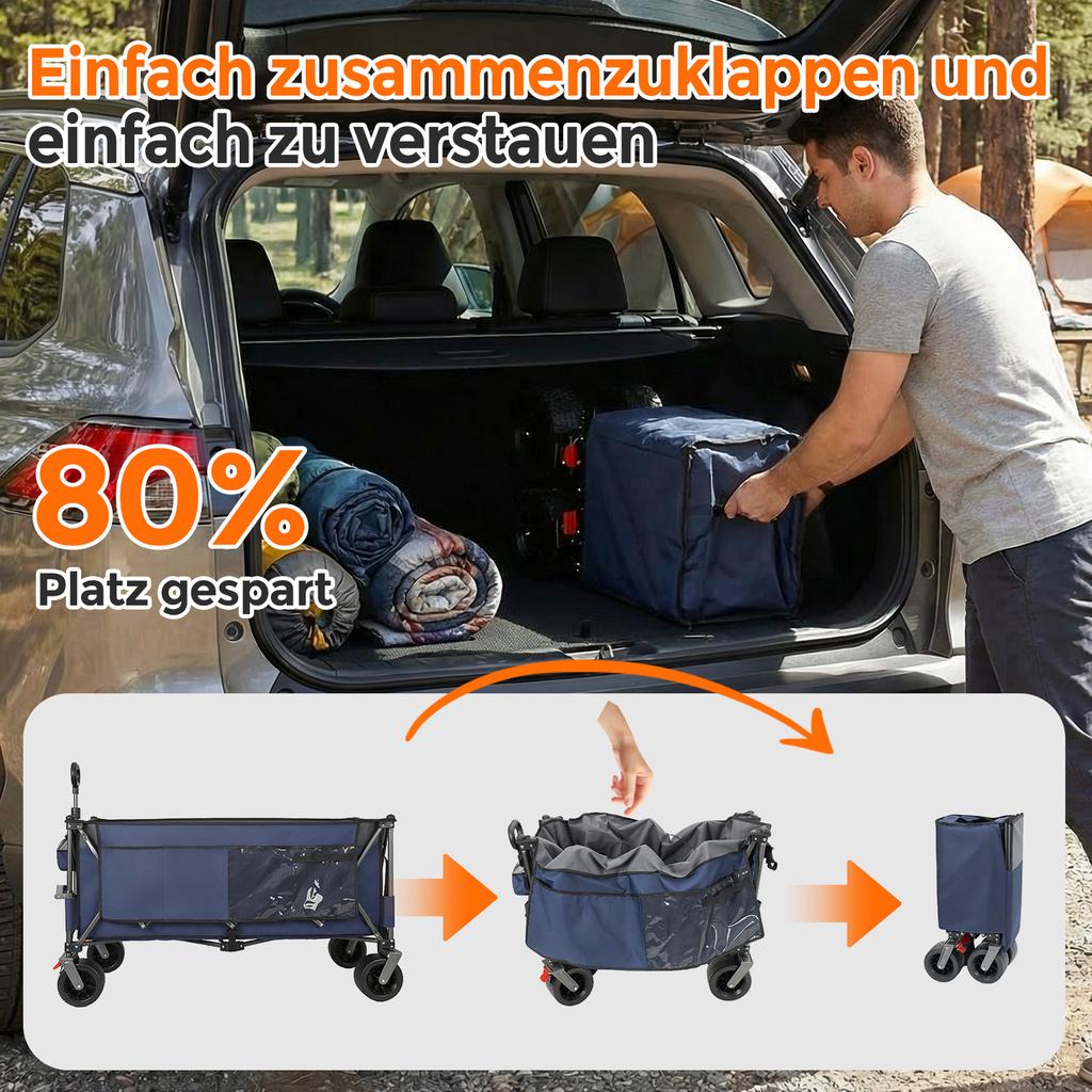 XXXL 300L 250KG Nosnost, 130cm Rozkládací vozík s Extra Širokými 17x10 cm Terénními Kolečky, Patentovaný 4-Way Okamžitý Skládací Transportní Vozík, Modrý