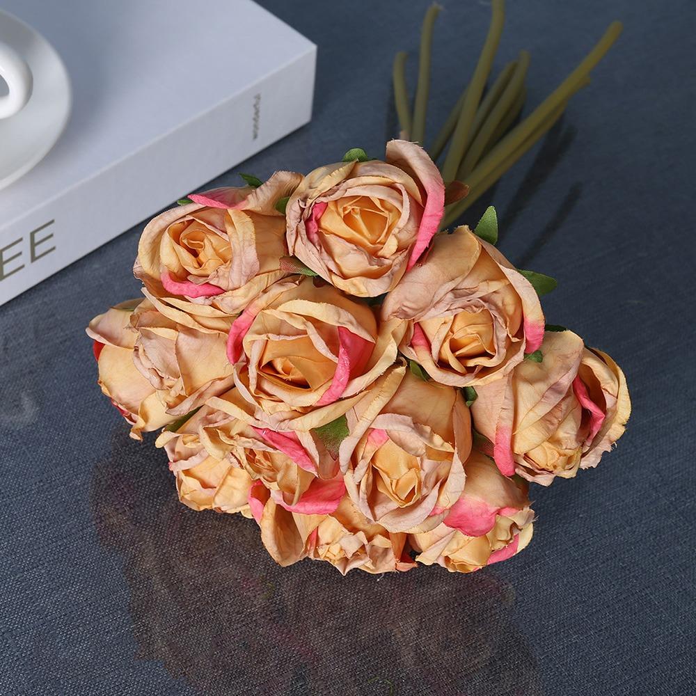 

12PCS/bunch Multicolor Rose Artificial Flowers Green Stem Scene Landscaping Faux Rose Flower Bridal Bouquet Silk Petals жёлтый