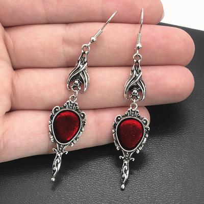 Kolczyki Vintage Fashion Dark Gothic Punk Bat Antique Silver Scarlet Magic Mirror
