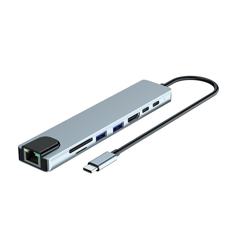 

Удлинитель типа C, USB-концентратор 8 в 1 с HDMI-конвертером для ноутбука, USB C в USB 3.0, 2.0, диск, кабель Ethernet, устройство для чтения карт и зарядная док-станция серый