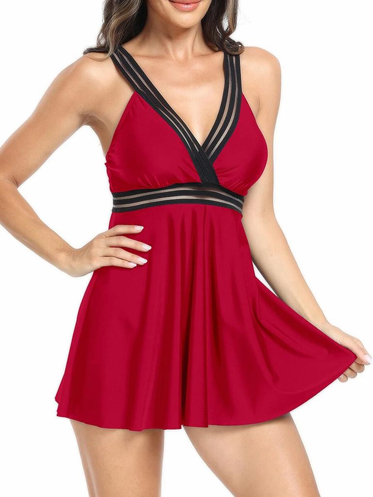 Women Bikini Set Bohemian Sleeveless V-neck Backless Patchwork A-line Dress with Briefs Bathing Suit 2-piece Swimsuit Beachwear