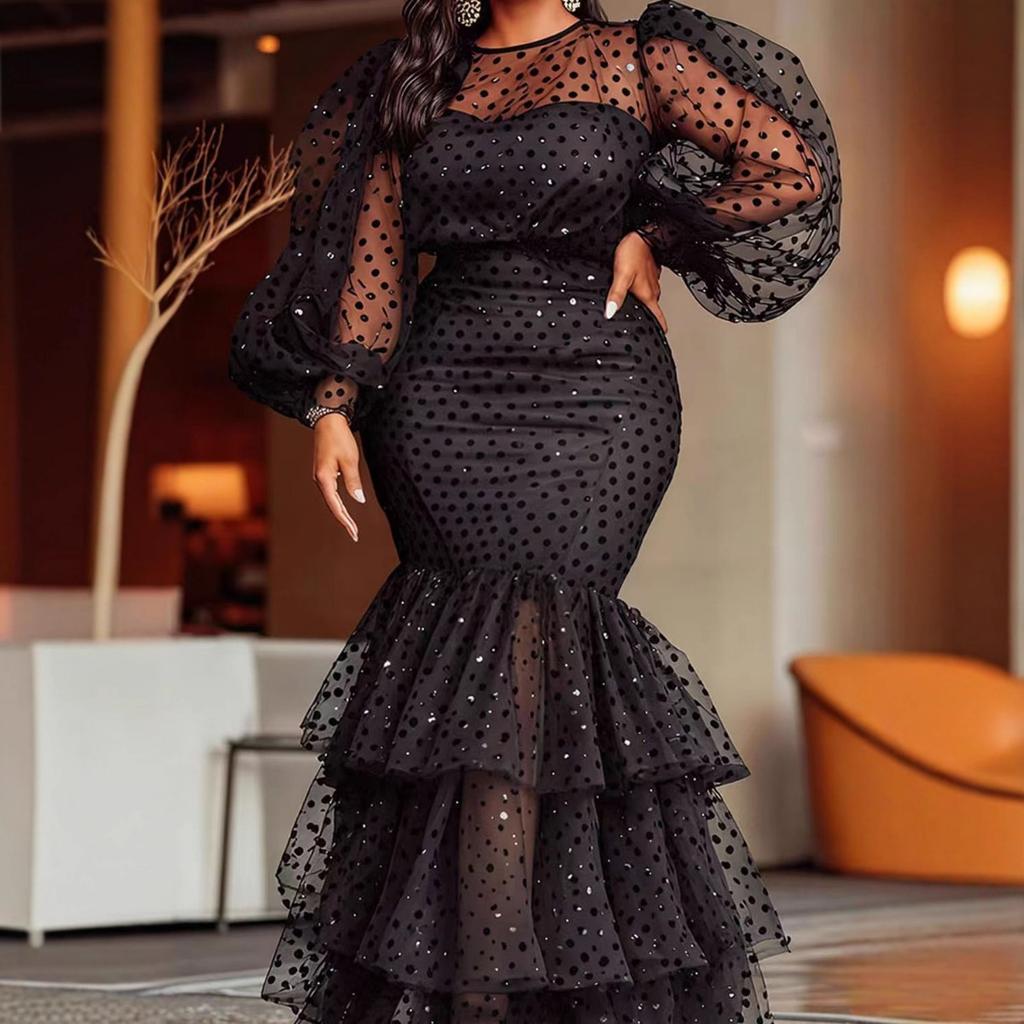 Fall Winter New Plus Size Women's Bubble Flocking Polka Dot Sexy Dress, Leisure Fashion for Women