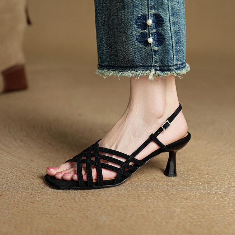 

Повседневные однотонные сандалии с открытым носком на пряжке, летние кожаные босоножки на высоком каблуке, женские удобные сандалии с мягкой подошвой из говяжьей кожи, больших и маленьких размеров 40 чёрный