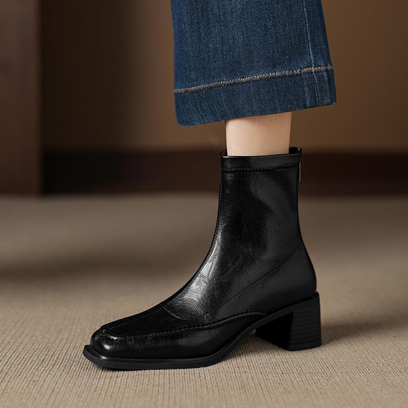Fashion 2025 Autumn Women Boots Square Toe Chunky Heel Stretch Leather Women Shoes Short Modern Boots Winter Mid-calf High Heels Boots