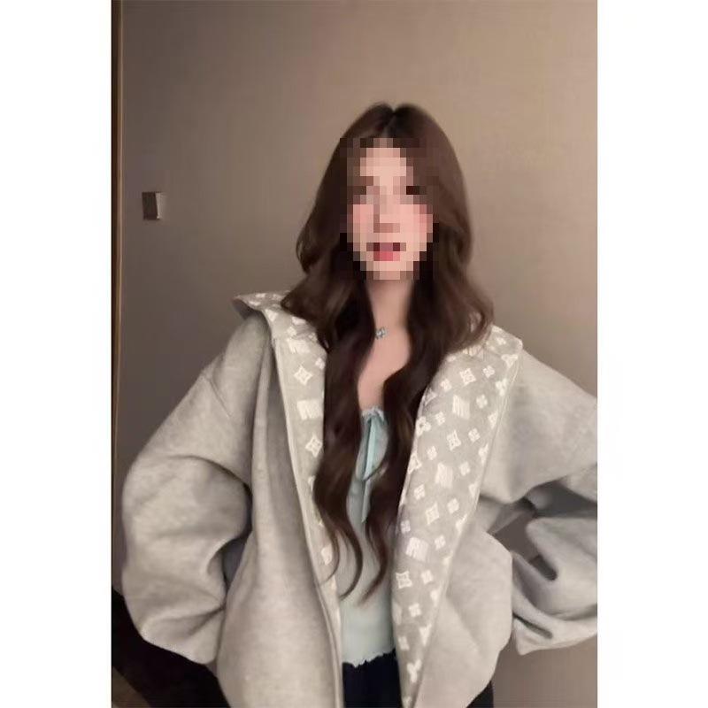 Cool American Sweet Pattern Women's Embroidered Hooded Sweatshirt - Autumn Loose Fit Cardigan