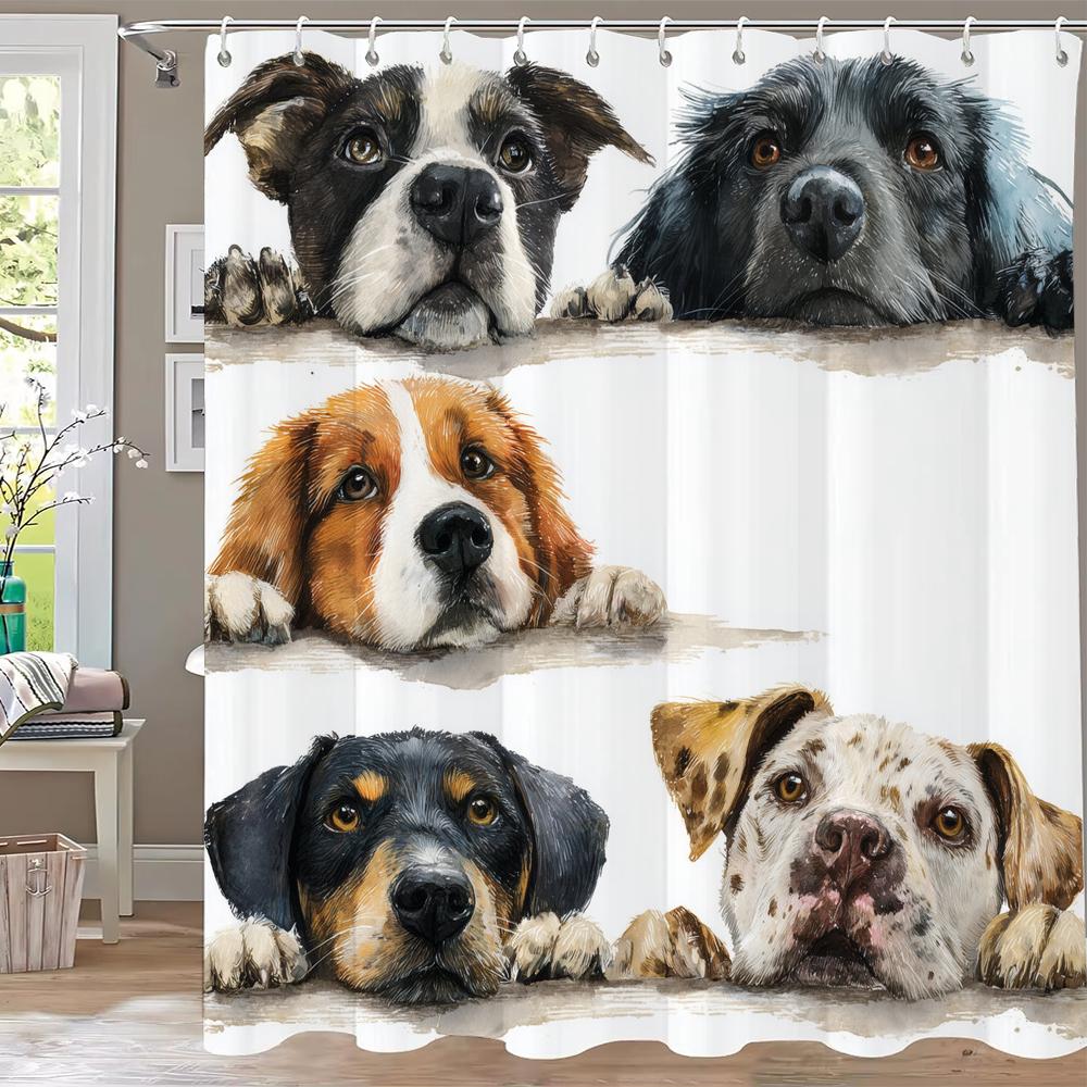 Funny Cat Dog Shower Curtain Cartoon Animals Oil Painting Style Polyester Washable Shower Curtains Bathroom Decor With Hooks