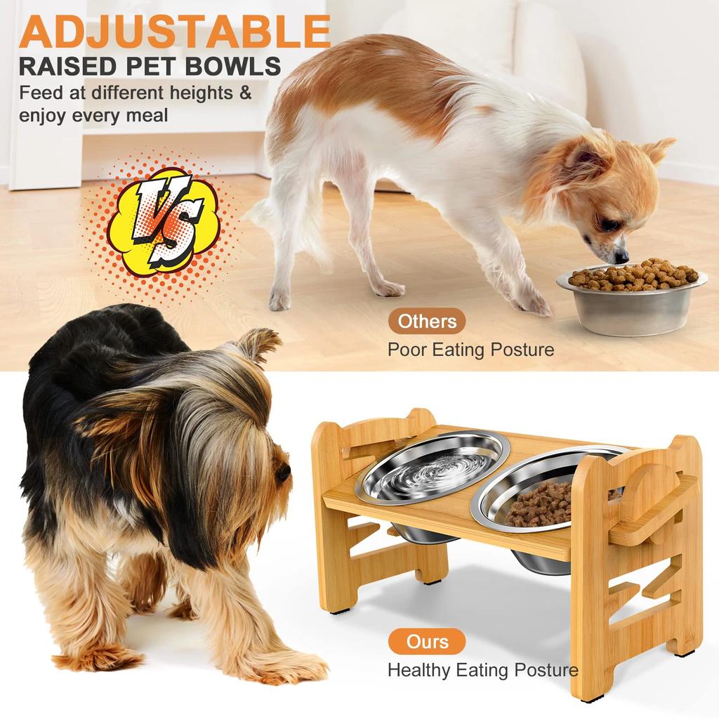 Nice Elevated Stainless Dog Bowls with Bamboo Stand Tilted Adjustable Raised Puppy Cat Food Water Bowls Holder Pet Feeder Accessories