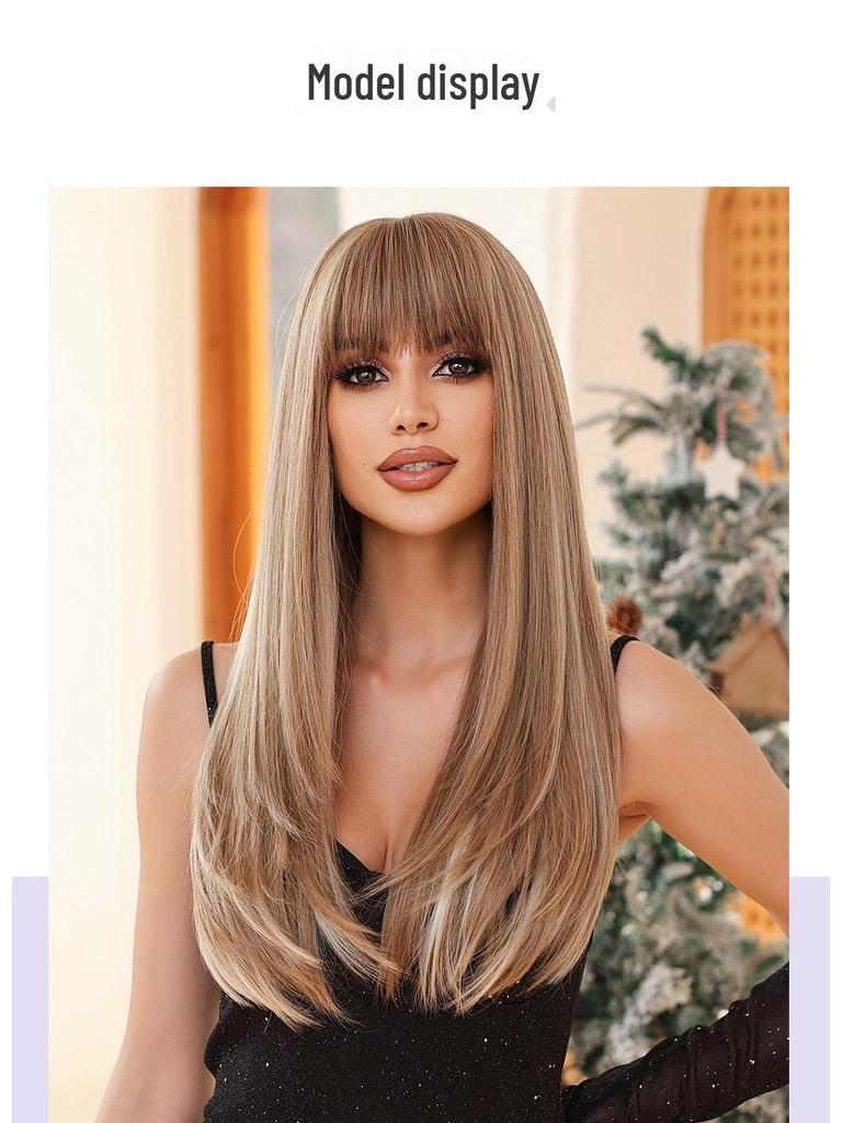 Perruque brune longue et lisse avec frange: Ensemble de tête complète de style européen et américain, à la mode et naturel