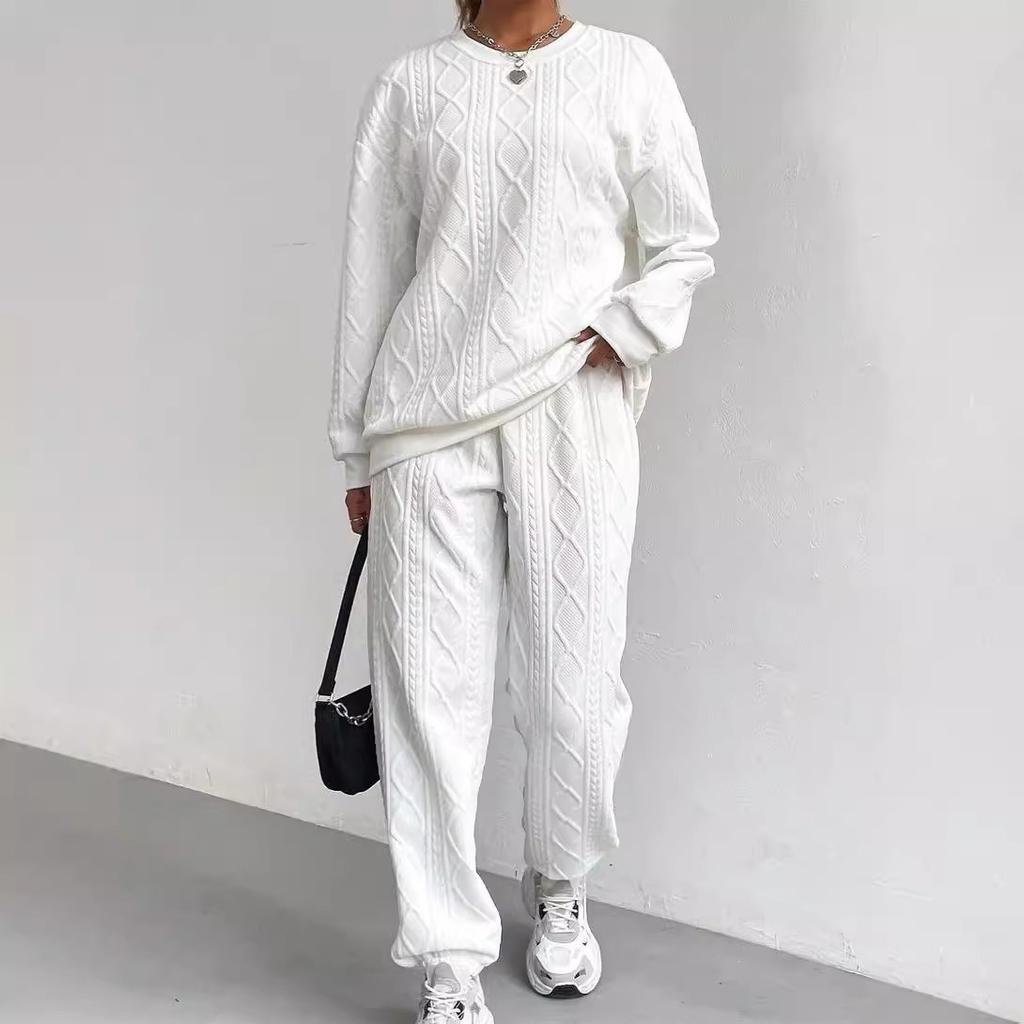Women's Crew Neck Cable Knit Textured Long Sleeve Sweatshirt & Jogger Pants 2 Piece Loungewear Tracksuit Set