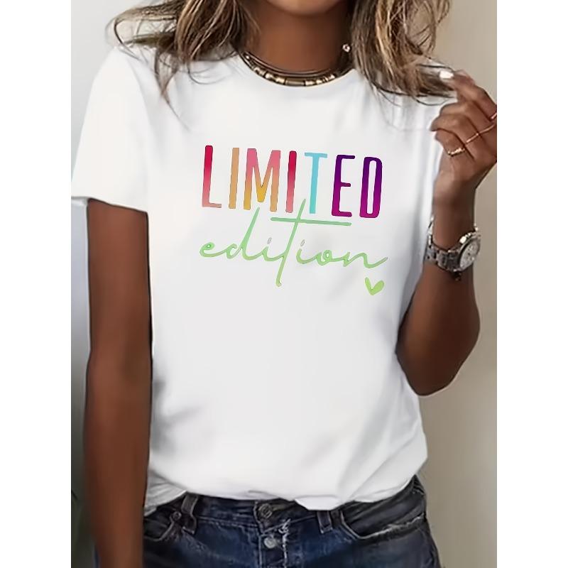 Limited Edition Rainbow Gradient Text Printed T-Shirt with Fluorescent Handwritten Heart Decoration, Regular Fit, S белый