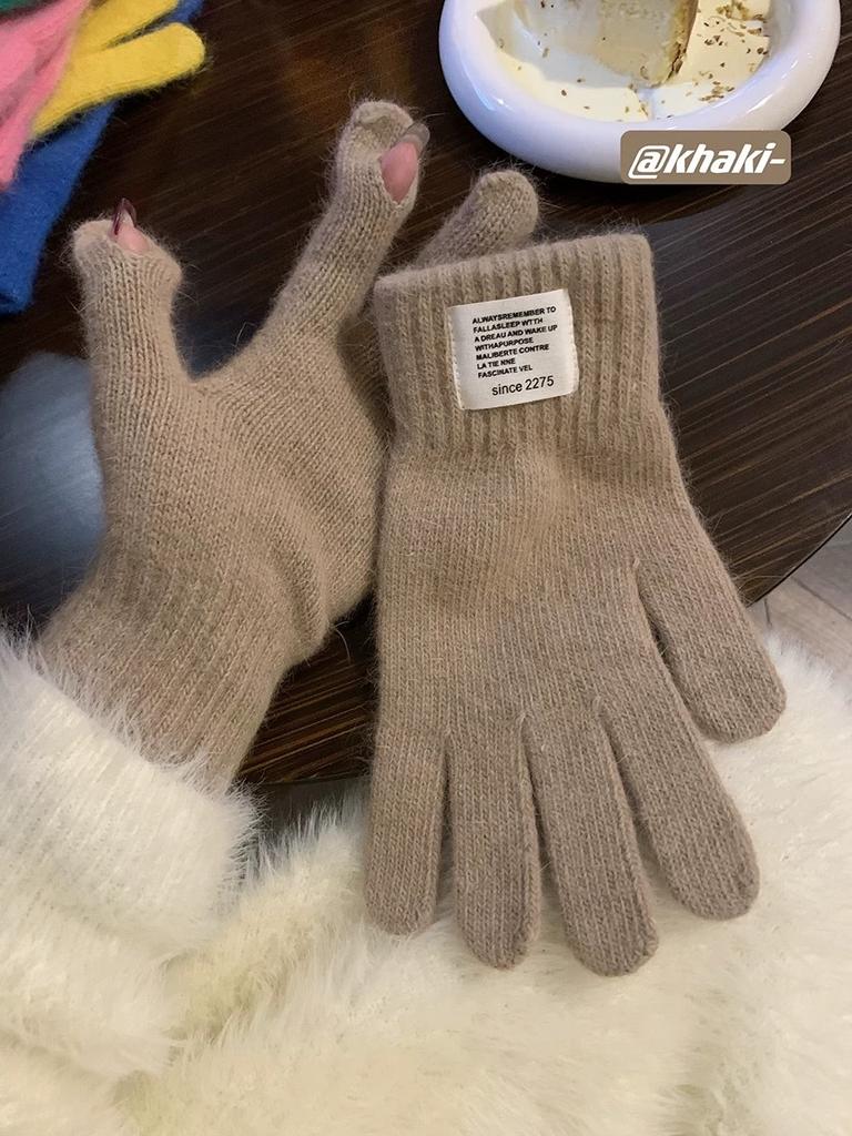 Thickened cycling knitted thermal gloves for women's winter new student solid color touchscreen finger-exposed wool 2025 points