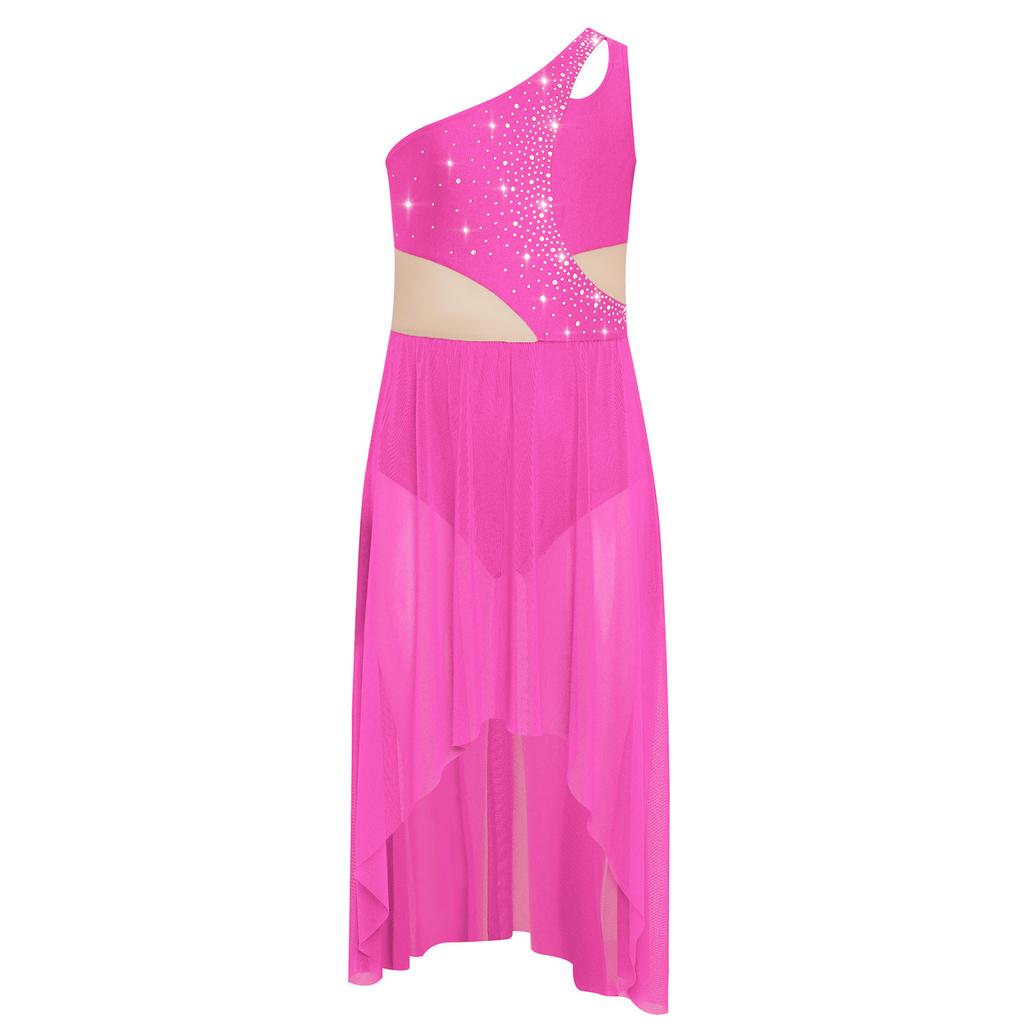 Mädchen Lyrical Tanzkostüm Glänzende Strasssteine Ein Schulter Ärmellos Cutout High Low Fließendes Netzkleid Tanzkleidung