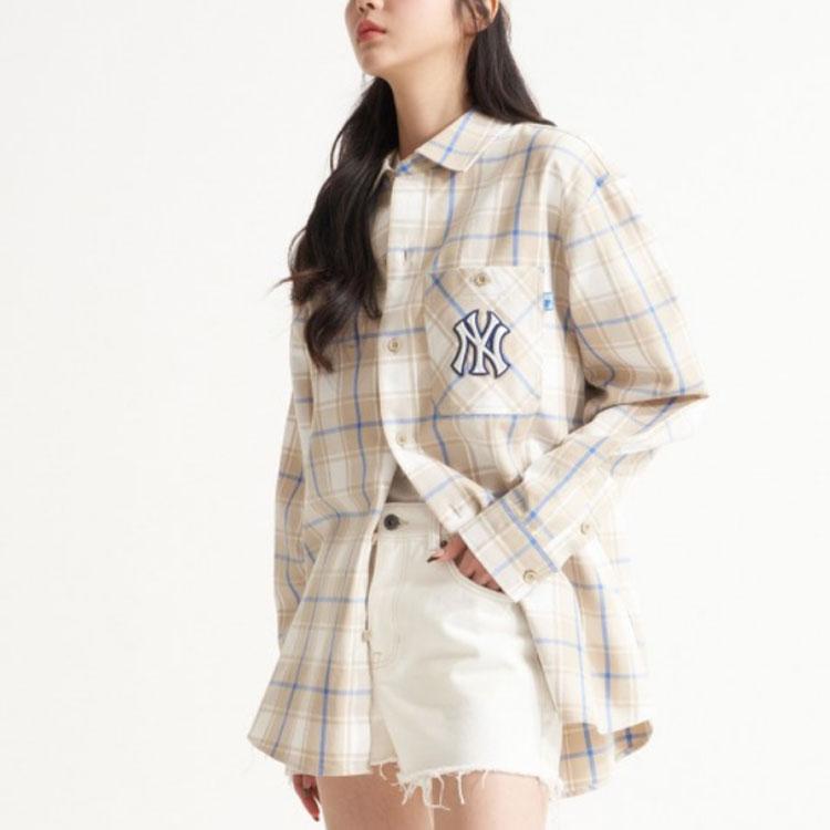 MLB New York Yankees Color Block Plaid Comfortable Casual Long Sleeve Shirt Unisex shirts Khaki 3AWS00221-50BGS